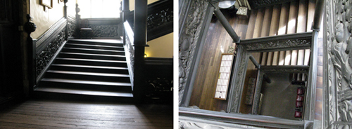 Two views of the Castle's 17th century Black Staircase, the one to the left showing the way it leans, and the one to the right showing the wooden posts that were put in to stablise what would have been a feat of engineering in its day.